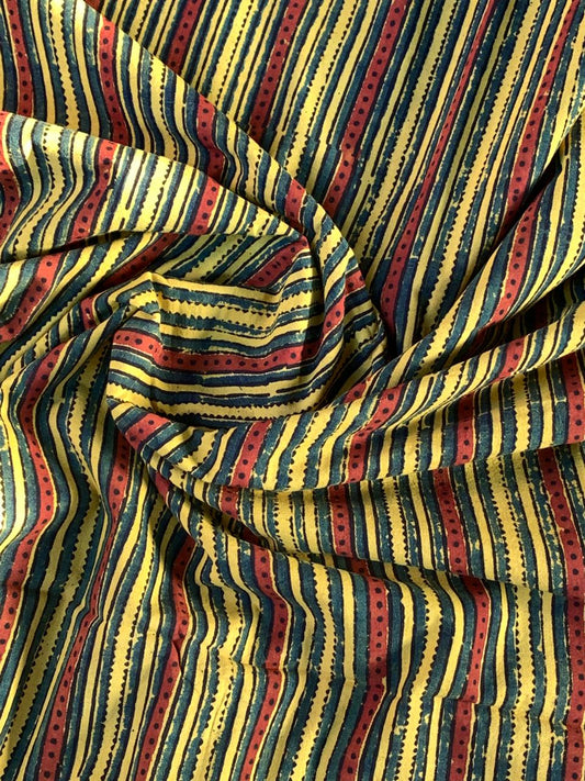 Natural Dye Stripe Turmeric Yellow Handblock Ajrakh Cotton Fabric