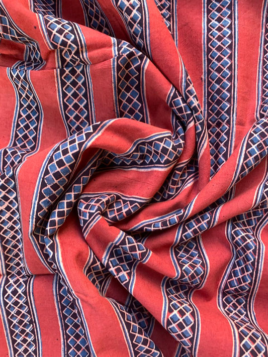 Natural Dye Red Geometric Stripe Handblock Ajrakh Cotton Fabric
