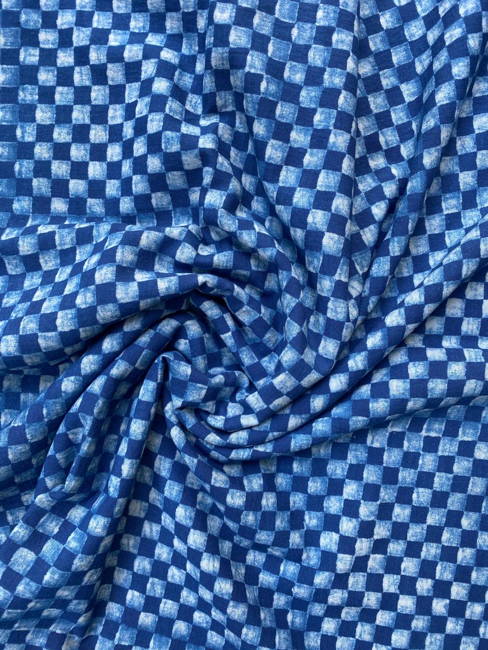 Dabu Indigo Natural Dye Handblock Printed Gingham Cotton Fabric