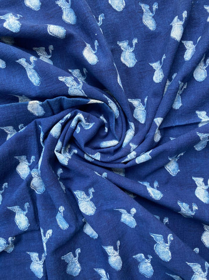 Dabu Indigo Natural Dye Handblock Printed Swan Slub Cotton Fabric