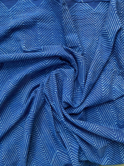 Dabu Indigo Natural Dye Handblock Printed Zigzag Cotton Fabric