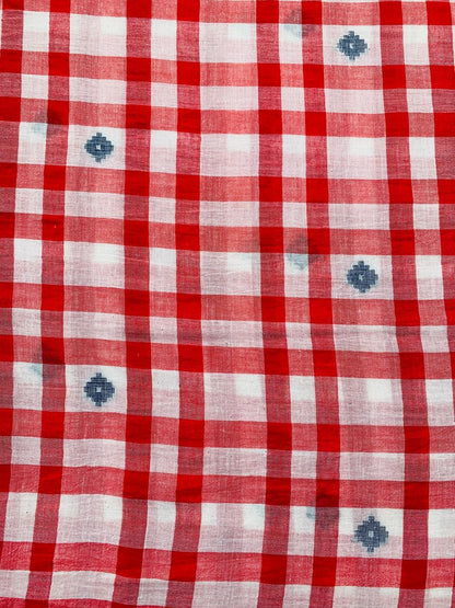 RED AND CREAM CHECKS HANDLOOM JAMDANI COTTON FABRIC