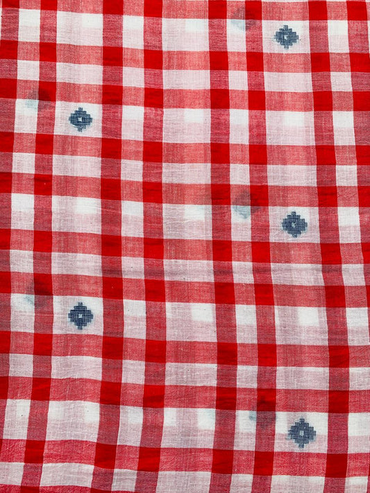 RED AND CREAM CHECKS HANDLOOM JAMDANI COTTON FABRIC