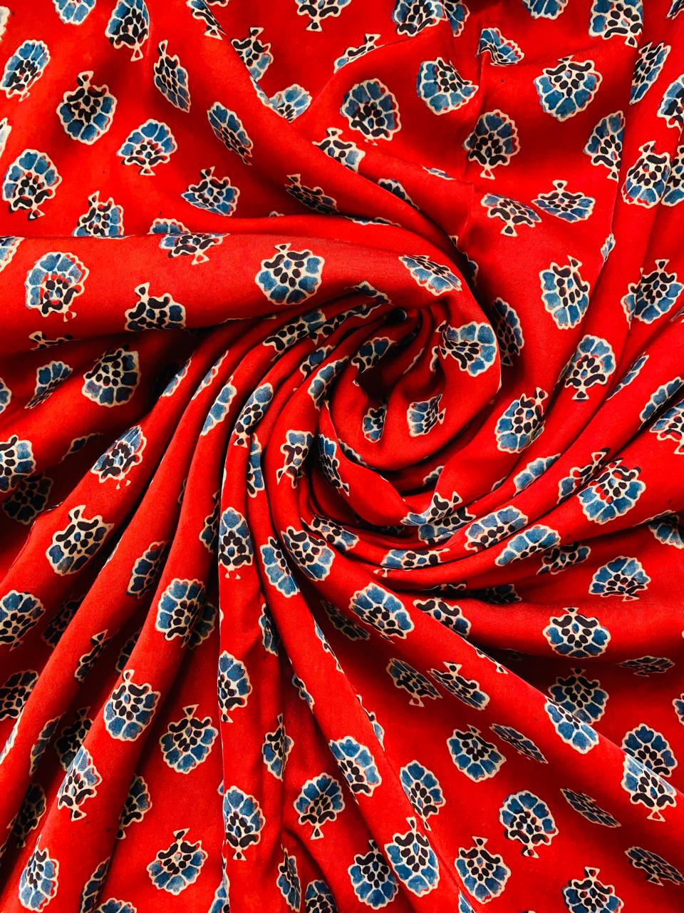 Ajrakh Modal Silk Red Small Butti Handblock Printed Fabric