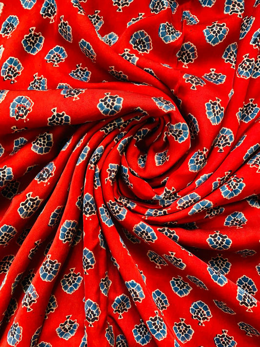 Ajrakh Modal Silk Red Small Butti Handblock Printed Fabric