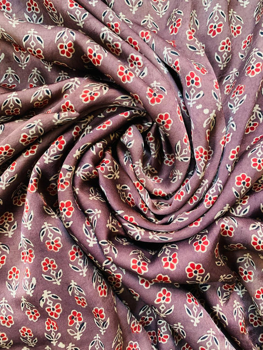 Ajrakh Modal Silk Brown Small Butti Handblock Printed Fabric
