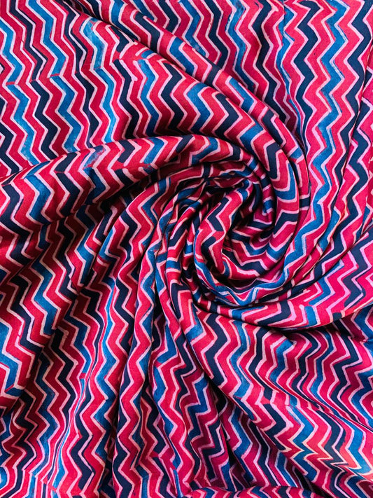 Ajrakh Modal Silk Red Zigzag Stripe Handblock Printed Fabric