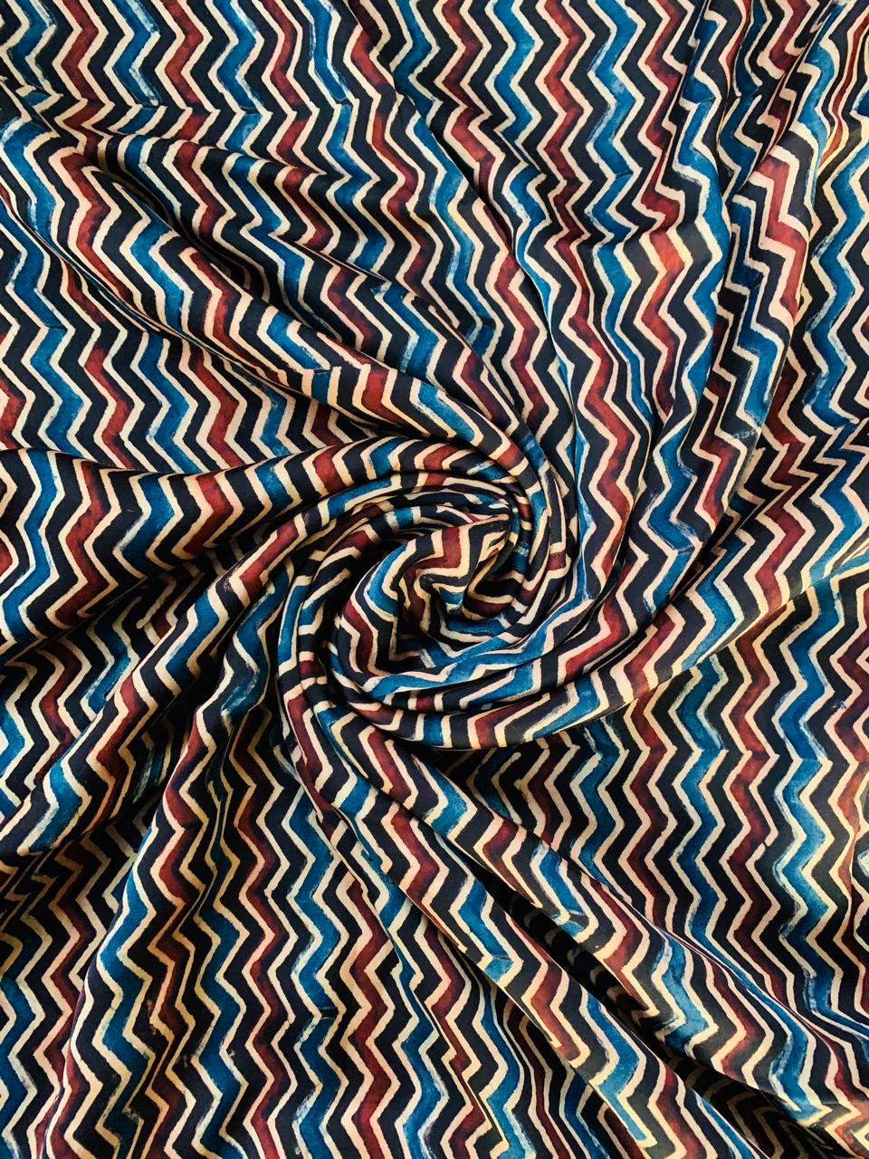 Ajrakh Modal Silk Black Zigzag Stripe Handblock Printed Fabric