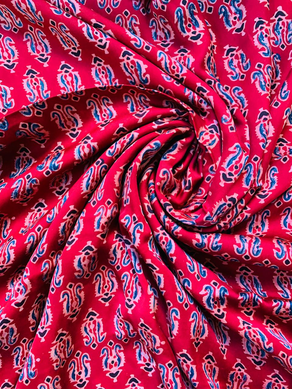 Ajrakh Modal Silk Red Handblock Printed Fabric