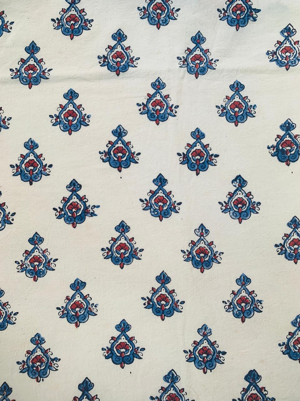 Ajrakh Cotton Handblock Printed Off White Small Butti Natural Dye Fabric