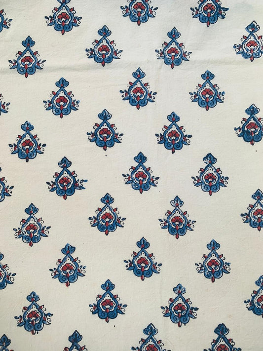 Ajrakh Cotton Handblock Printed Off White Small Butti Natural Dye Fabric