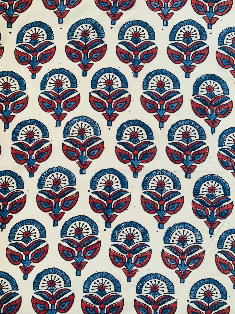 Ajrakh Cotton Handblock Printed Off White Natural Dye Fabric