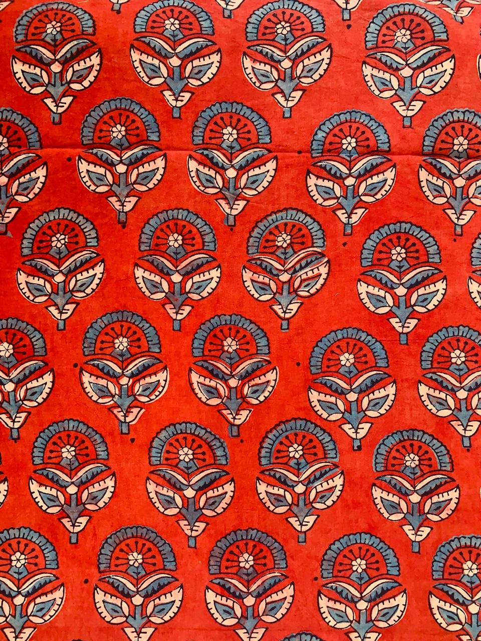 Ajrakh Cotton Handblock Printed Marron Floral Natural Dye Fabric