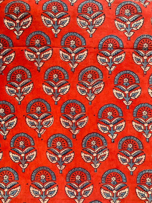 Ajrakh Cotton Handblock Printed Marron Floral Natural Dye Fabric