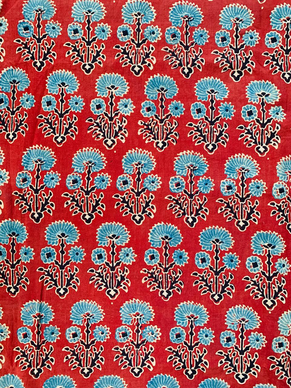 Ajrakh Cotton Handblock Printed Red Floral Natural Dye Fabric