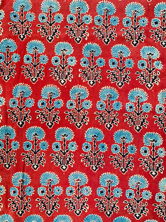 Ajrakh Cotton Handblock Printed Red Floral Natural Dye Fabric