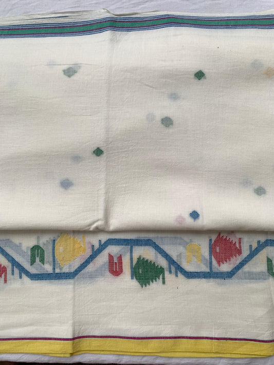 Handloom Jamdani Cotton Cream Multicolour Border Fabric