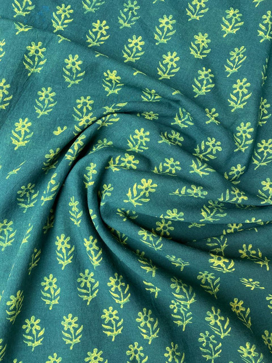 Green Small Flower Akola HandBlock Printed Cotton Fabric