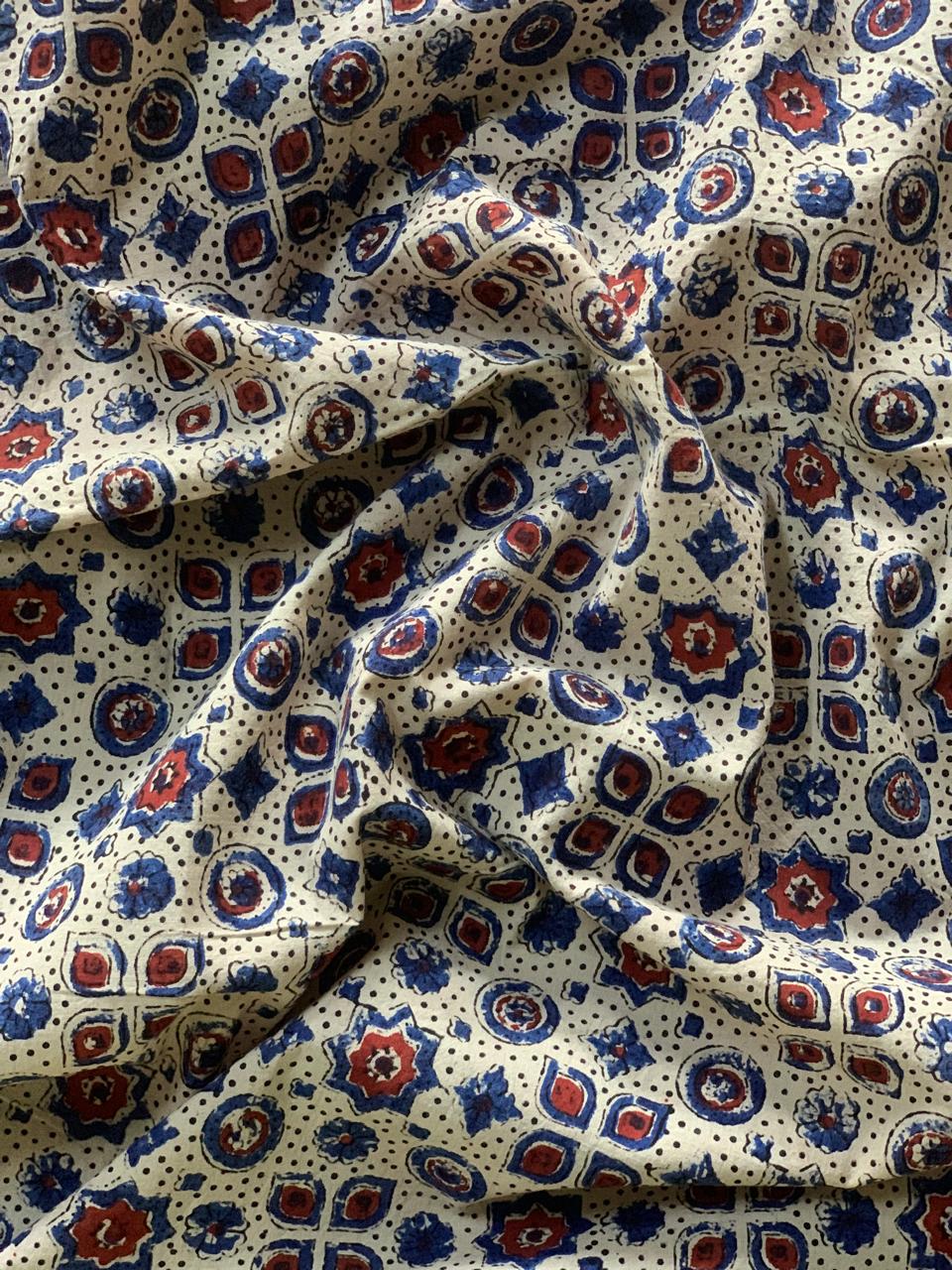 Natural Dye White Handblock Ajrakh Cotton Fabric