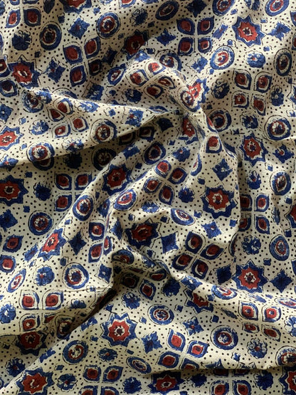 Natural Dye White Handblock Ajrakh Cotton Fabric