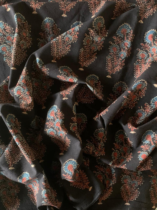 Natural Dye Black Floral Motif Handblock Ajrakh Cotton Fabric