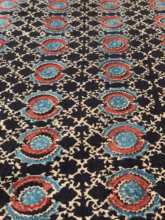 Natural Dye Black Handblock Geometric Floral Ajrakh Cotton Fabric