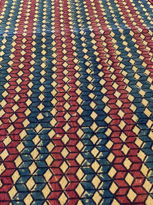 Natural Dye Turmeric Yellow Handblock Geometric Ajrakh Cotton Fabric