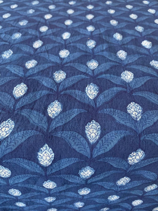 Dabu Indigo Natural Dye Handblock Floral Vine Printed Cotton Fabric