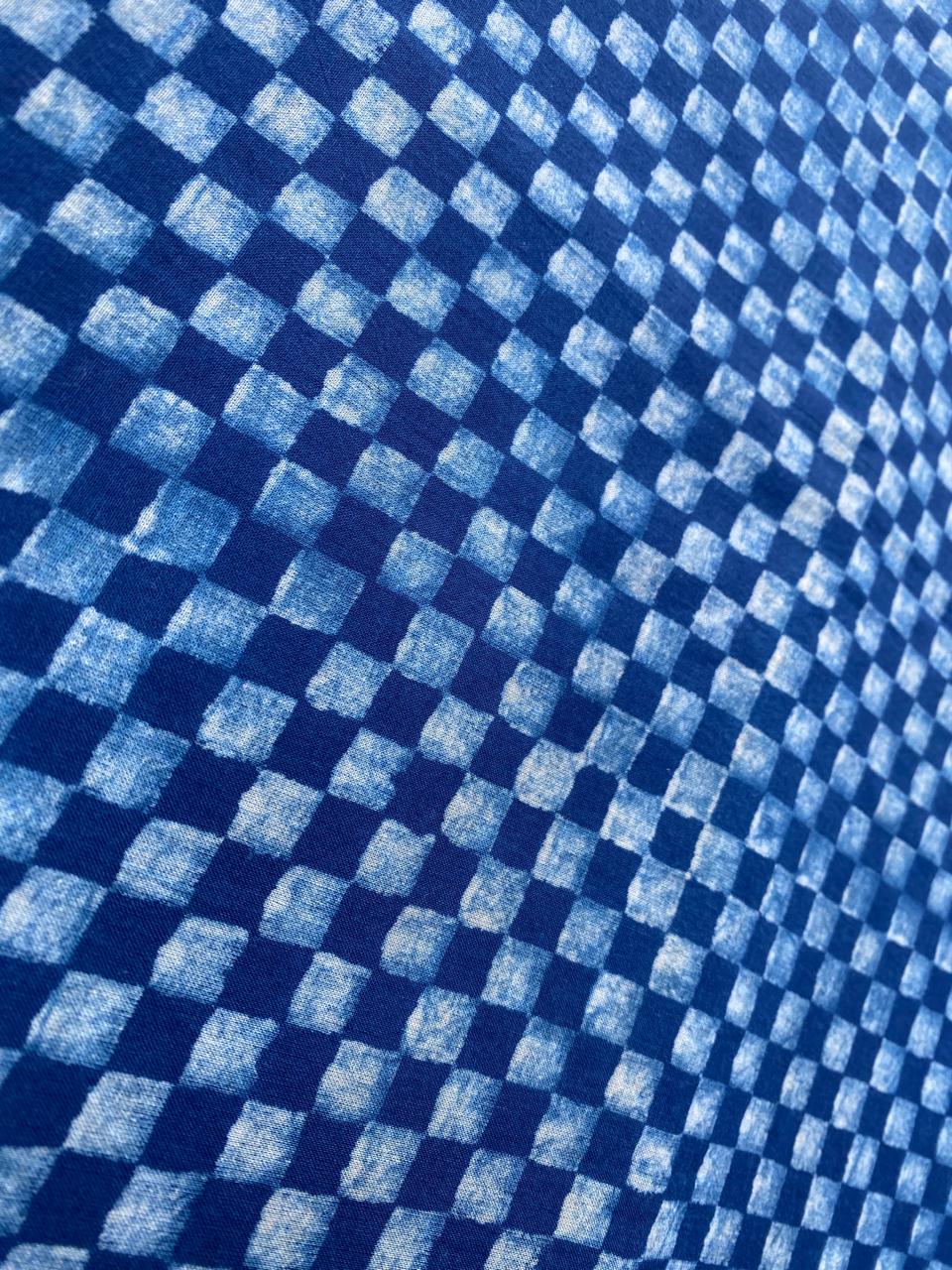 Dabu Indigo Natural Dye Handblock Printed Gingham Cotton Fabric