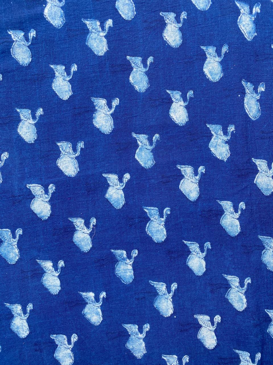 Dabu Indigo Natural Dye Handblock Printed Swan Slub Cotton Fabric