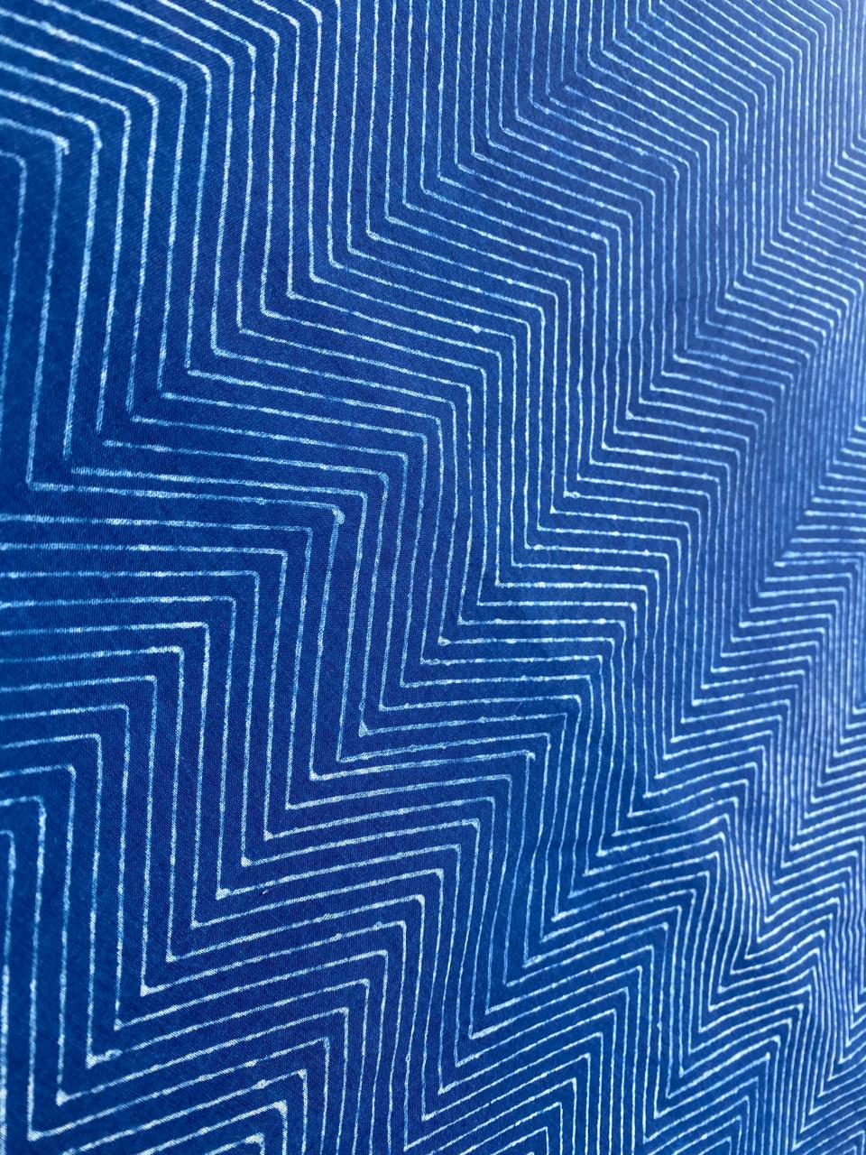Dabu Indigo Natural Dye Handblock Printed Zigzag Cotton Fabric