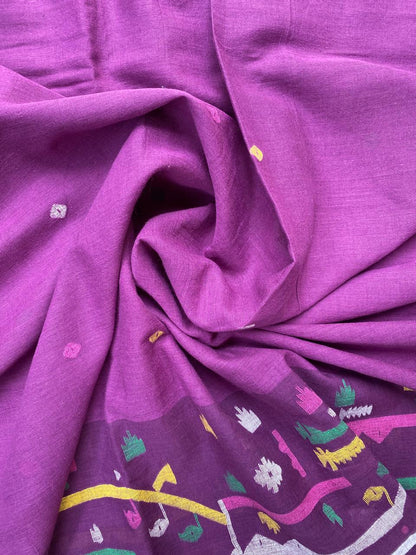 Magenta Multicolour Handloom Border Jamdani Cotton Fabric