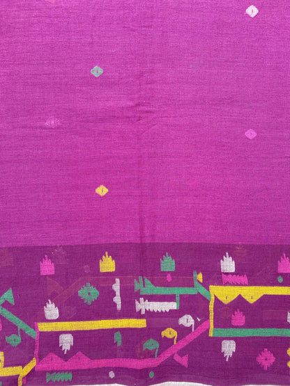 Magenta Multicolour Handloom Border Jamdani Cotton Fabric