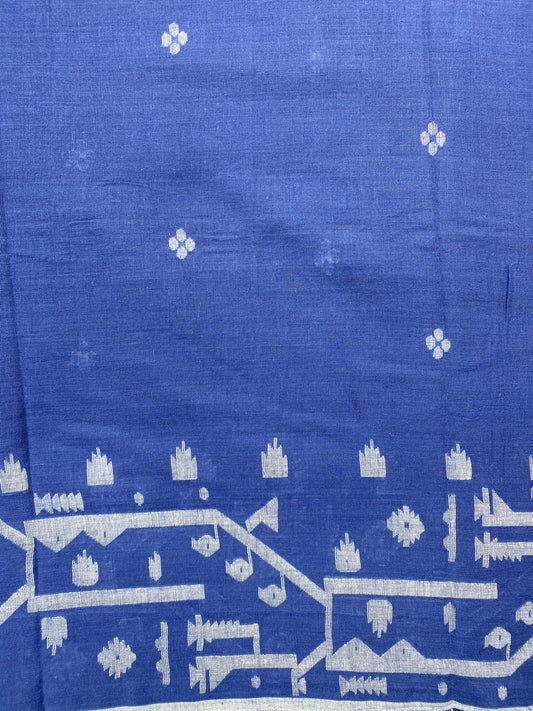 Indigo Blue Handloom Border Jamdani Cotton Fabric