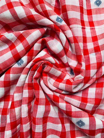 RED AND CREAM CHECKS HANDLOOM JAMDANI COTTON FABRIC