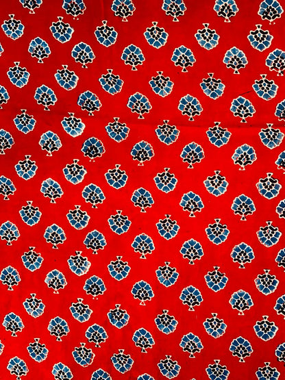 Ajrakh Modal Silk Red Small Butti Handblock Printed Fabric
