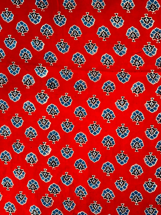 Ajrakh Modal Silk Red Small Butti Handblock Printed Fabric