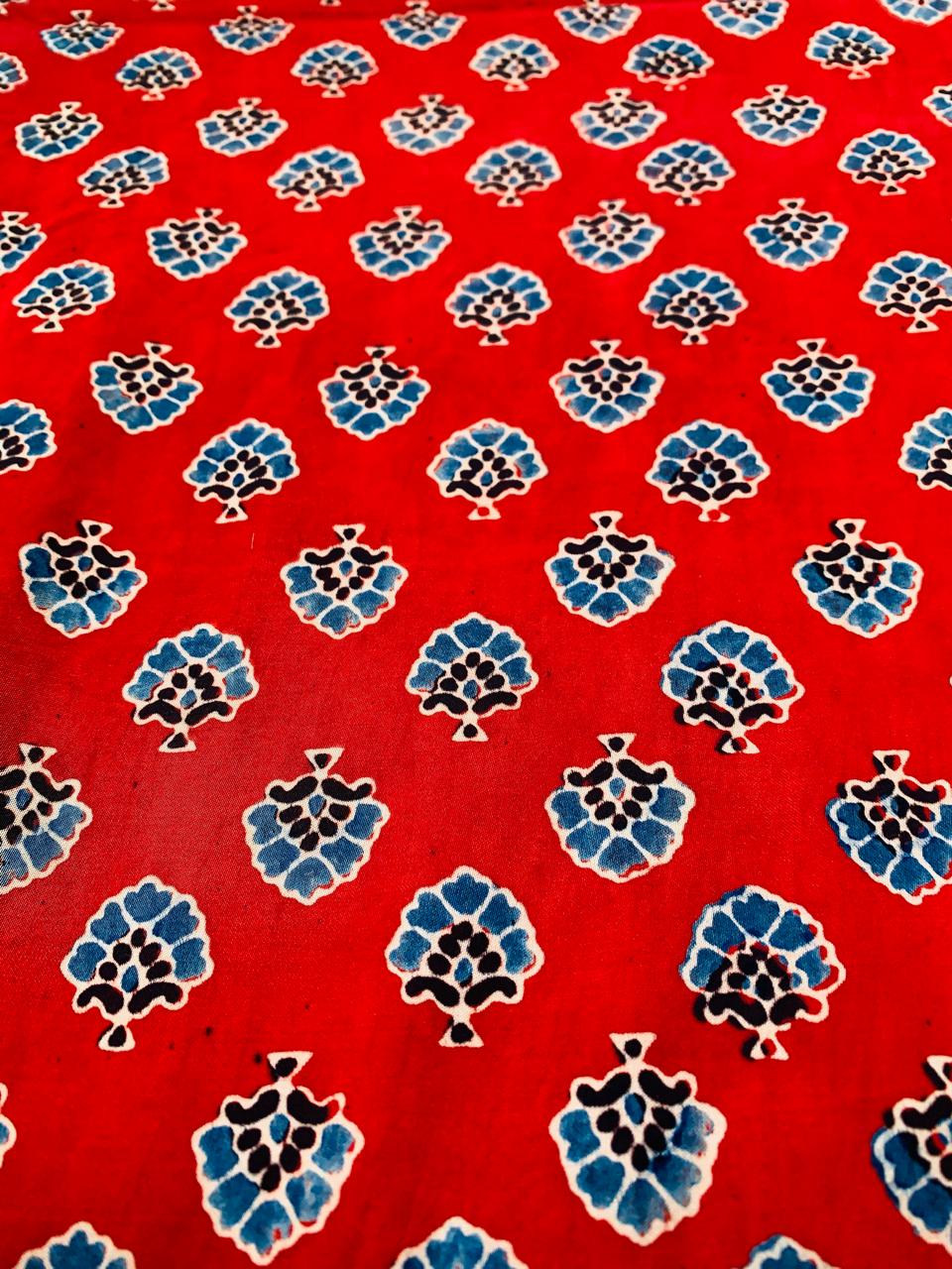 Ajrakh Modal Silk Red Small Butti Handblock Printed Fabric