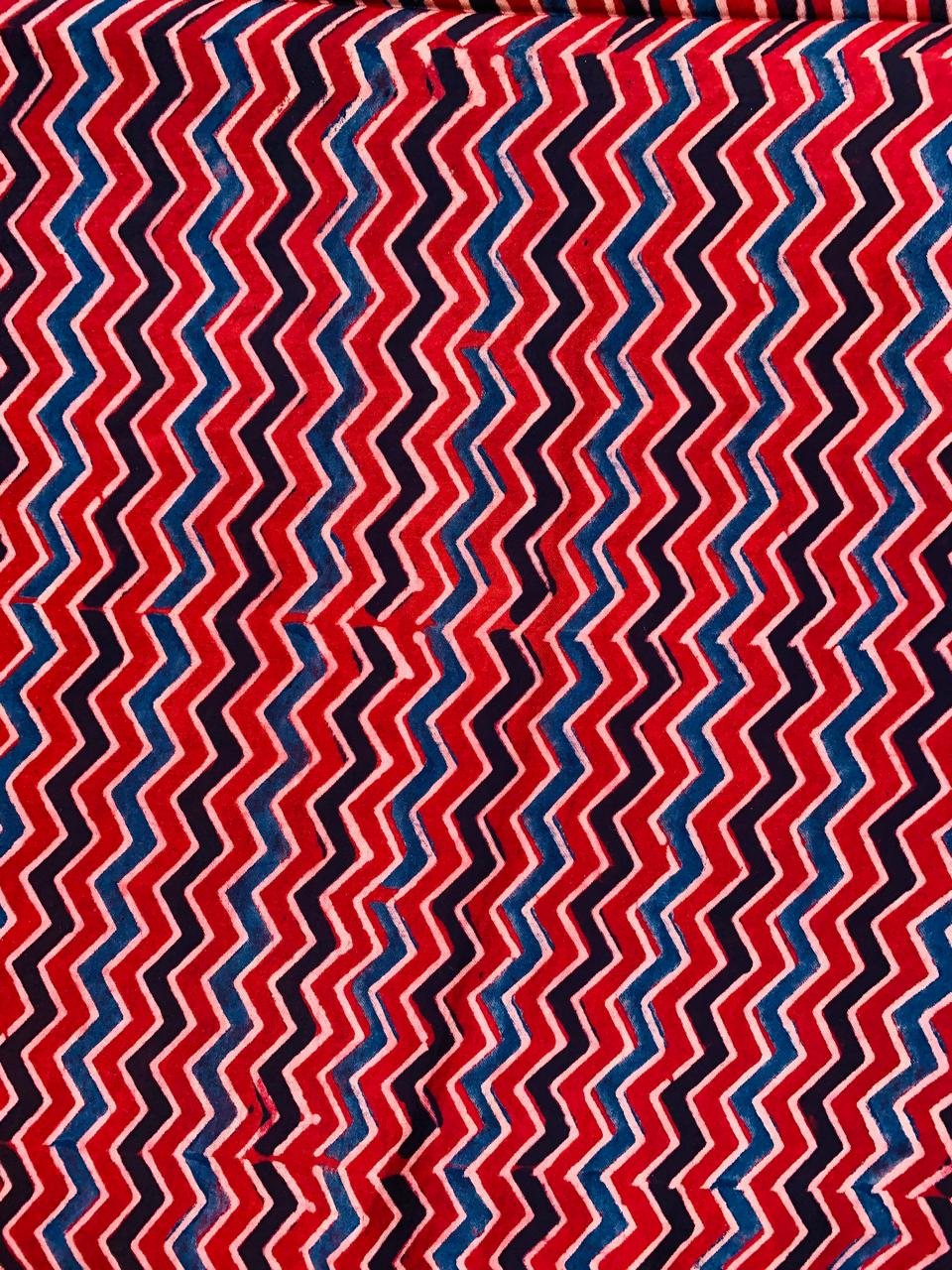 Ajrakh Modal Silk Red Zigzag Stripe Handblock Printed Fabric