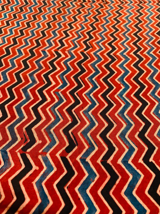 Ajrakh Modal Silk Red Zigzag Stripe Handblock Printed Fabric