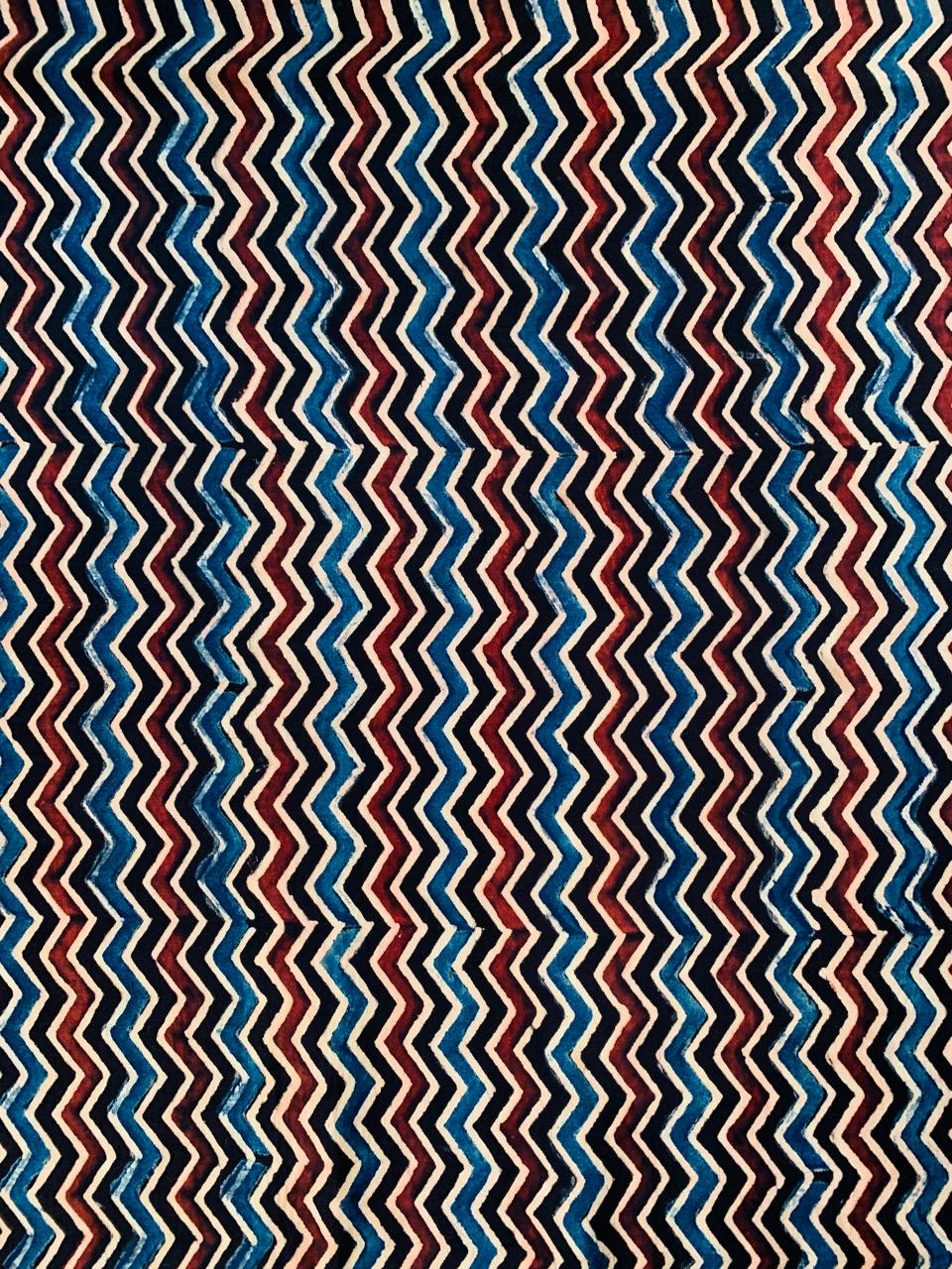 Ajrakh Modal Silk Black Zigzag Stripe Handblock Printed Fabric