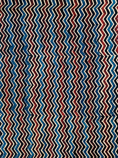 Ajrakh Modal Silk Black Zigzag Stripe Handblock Printed Fabric
