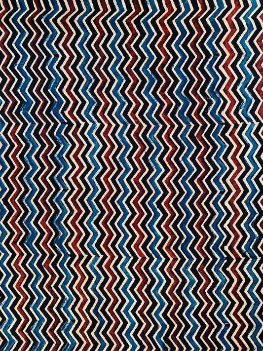 Ajrakh Modal Silk Black Zigzag Stripe Handblock Printed Fabric