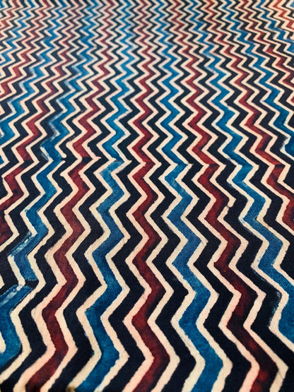 Ajrakh Modal Silk Black Zigzag Stripe Handblock Printed Fabric