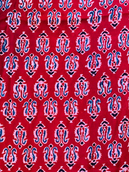 Ajrakh Modal Silk Red Handblock Printed Fabric