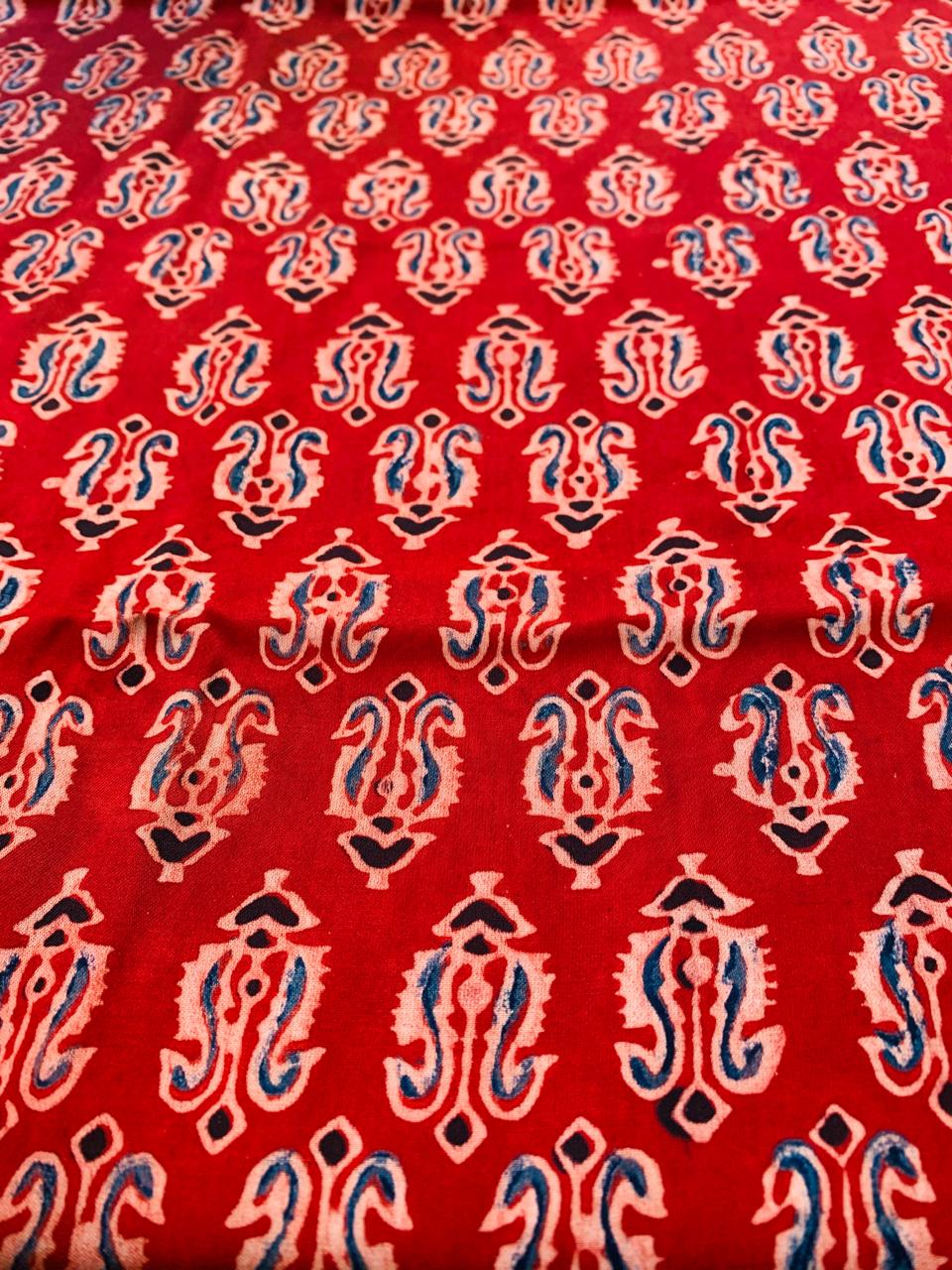 Ajrakh Modal Silk Red Handblock Printed Fabric