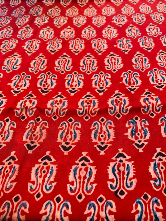 Ajrakh Modal Silk Red Handblock Printed Fabric
