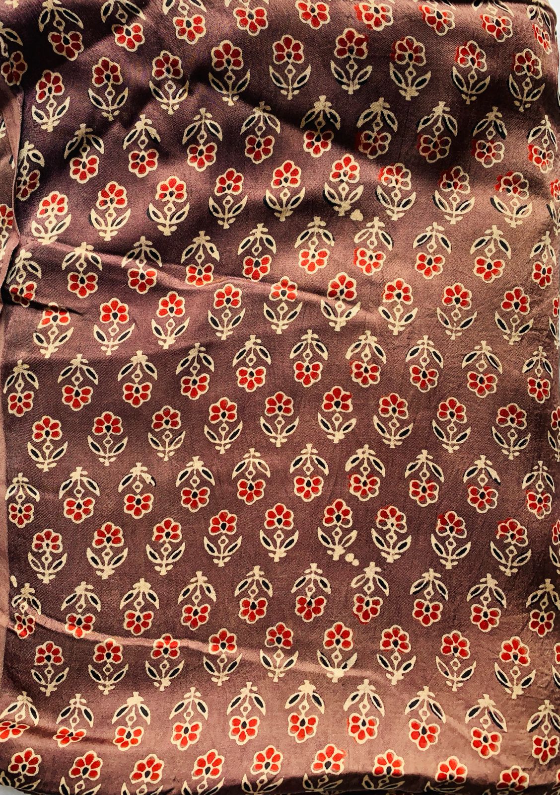 Ajrakh Modal Silk Brown Small Butti Handblock Printed Fabric