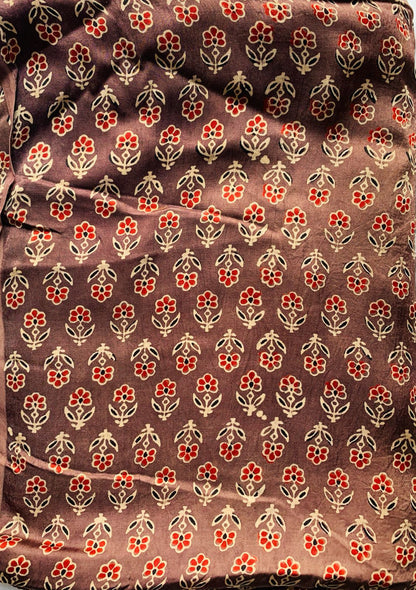 Ajrakh Modal Silk Brown Small Butti Handblock Printed Fabric