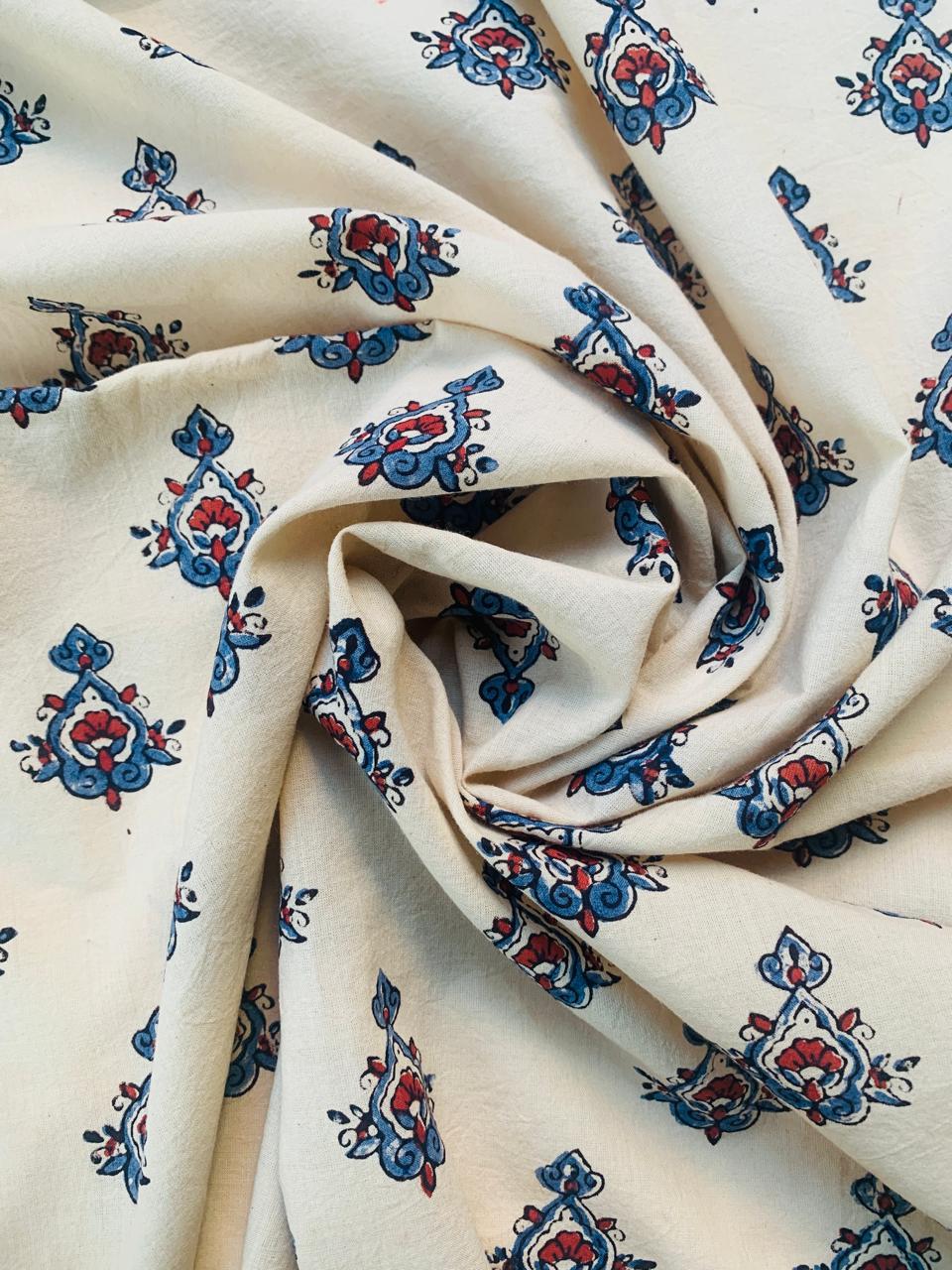 Ajrakh Cotton Handblock Printed Off White Small Butti Natural Dye Fabric